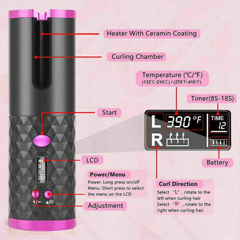 LCD display showing heat, timer and curl direction